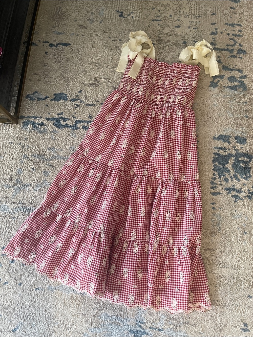 Jacqui E Red Gingham Tiered Midi Dress with Cream Tie Straps - Picture 2 of 4